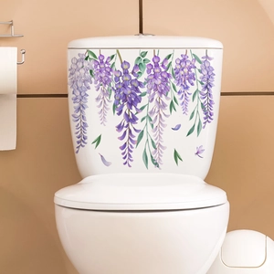 Detailed view of wisteria flower toilet decals with purple petals and green leaves