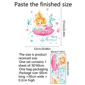 Detail showing the 53x57cm mermaid wall sticker layout with sea shells and coral elements