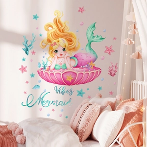 Mermaid Vibes cartoon wall sticker with cute mermaid and sea stars for girl room decor