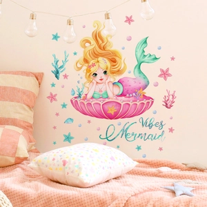 Mermaid princess wall decals with shell and sea elements for girl room decoration