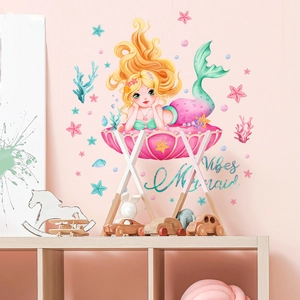 Mermaid princess wall sticker with stars and shells for kids room wall decor