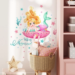 Mermaid Princess Wall Stickers PVC Self Adhesive Decals For Girls Bedroom Nursery Decor Cute Cartoon Marine Theme