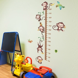 Detailed growth chart wall decal for kids featuring cartoon monkeys and colorful parrots