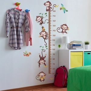 Detailed cartoon monkey and parrot height chart wall decal for kids room decoration