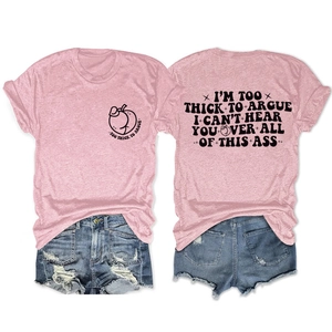 Front and back view of a pink slogan T-shirt with peach print and ripped denim shorts