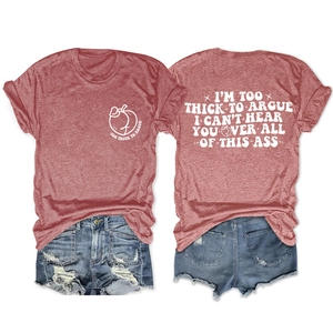 Flat lay of coral red t-shirt with peach logo and 'Too Thick To Argue' text on back