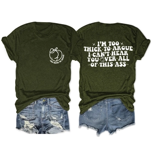 Front and back view of olive green cotton T-shirt with white text and peach graphic