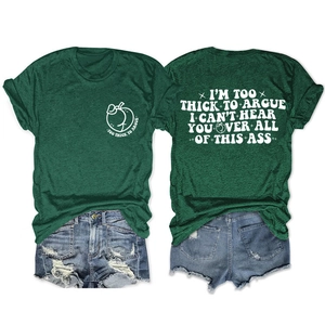 Detail of forest green cotton t-shirt with white vintage peach print and distressed denim shorts