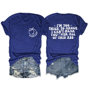 Navy blue crewneck T-shirt and ripped denim shorts set with slogan print on front and back