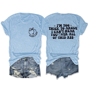Women's casual blue round neck T-shirt and denim shorts set with slogan print