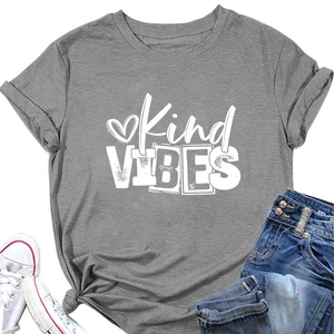 Detail of grey crewneck T-shirt with Kind VIBES print and stylish side knot design
