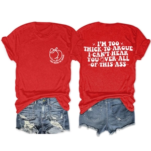 Front and back view of red crew neck t-shirt with peach logo and denim shorts set