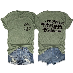 Detailed views of army green crewneck t-shirt with peach graphic and bold typography