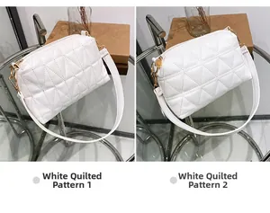 Détail du sac à bandoulière matelassé blanc avec chaîne dorée et motif de losanges en PU