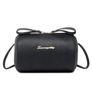 Women Litchi Pattern PU Leather Cylindrical Crossbody Bag Stylish Bow Zipper Small Pillow Shoulder Phone Bag