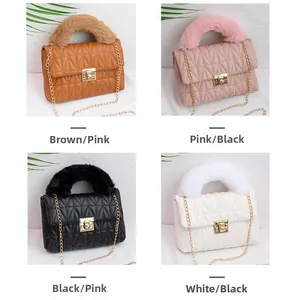 Quilted crossbody bag collection in four colors with plush handles and chain straps