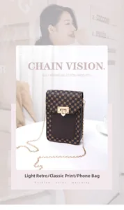 Close-up of vintage brown floral pattern phone bag with golden metal chain and clasp