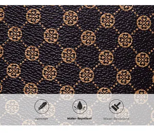Macro detail of brown litchi texture bag with gold patterns and waterproof icons