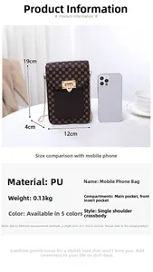 Detail view of printed crossbody phone bag dimensions and PU leather material specs