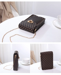 Three-view detail of vintage brown monogram phone bag with gold chain and clasp closure