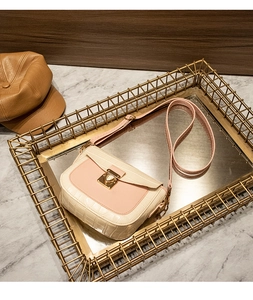 Detail of faux crocodile texture and gold clasp on minimalist two-tone crossbody bag