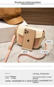 Detail view of two-tone faux leather crossbody bag showing size 18x15x6.5cm and structure