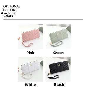 Quilted long wallets with wrist straps in pink, green, white, and black colors