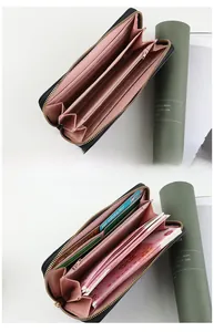 Detail of a black and pink bi-fold long wallet with multiple card slots and zip pocket