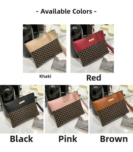 Detailed view of printed wristlet clutches in khaki, red, black, pink and brown