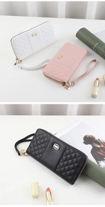 Quilted long wallets for women with golden buckle and detachable wristlet strap