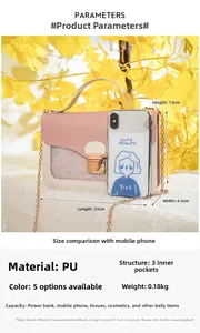 Detail view of pink and beige crossbody bag with dimensions 21x13x4.5cm and chain strap