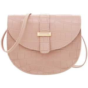 Pink crocodile pattern faux leather saddle bag with golden buckle and slim shoulder strap