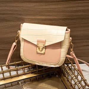 Two-tone crossbody square bag in pink and beige with crocodile texture and heart lock