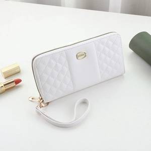 White quilted faux leather trifold wallet with gold buckle and detachable wrist strap