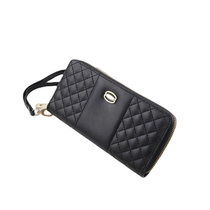 Classic black leather long wallet with quilted diamond pattern and gold hardware