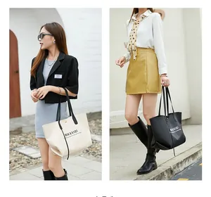 Fashionable large capacity tote bags in beige and black shown with stylish outfits