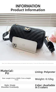 Detailed size comparison of the black V-quilted cylinder bag with an iPhone reference