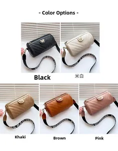 Detailed grid of quilted cylinder crossbody bags with metal butterfly buckle and strap
