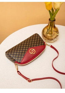 Detail of vintage shell handbag featuring brown monogram and red leather contrast