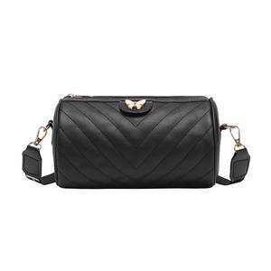 Black V-quilted cylindrical crossbody bag for women with golden butterfly buckle detail