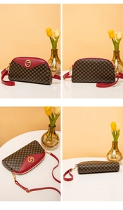 Detailed four-view collage of a shell-shaped brown monogram crossbody bag with red trim