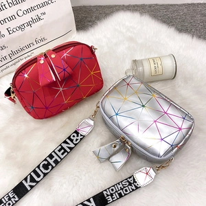 Geometric laser reflective crossbody bag with wide printed strap in red and silver