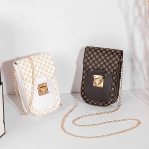 Chic vertical chain cell phone bags in white and brown leather with geometric patterns