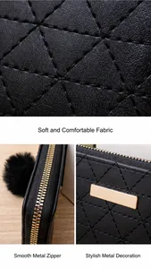Macro view of black quilted leather texture with gold hardware and faux fur pompom detail