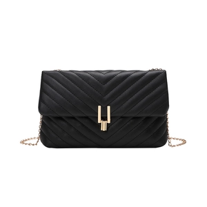 Elegant black V-quilted small square crossbody bag with gold chain strap and metal lock