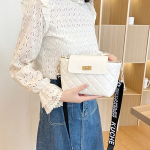 White quilted rhombic crossbody bag with golden lock and branded fabric strap