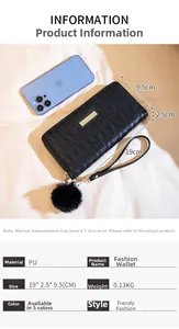 Detailed size and specs chart for women long quilted PU leather wallet with pompom