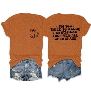 Detailed front and back views of orange graphic tee and distressed denim shorts