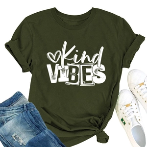 Close-up of olive green t-shirt with Kind Vibes print and stylish front knot detail