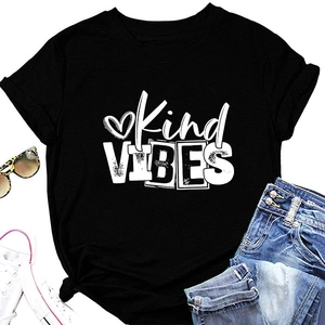Detail of Kind Vibes black crew neck t-shirt with heart graphic and side knot styling